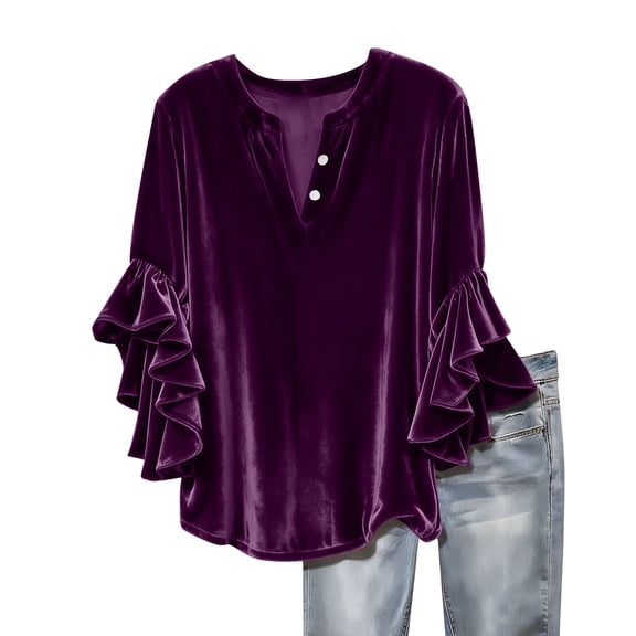 QSAWXQZ Women's Velvet Blouse Three Quarter Ruffle Sleeve Solid V Neck Pullover Tunic Top Purple 2XL