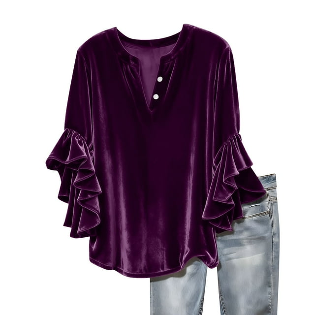 FAIWAD Women Velvet Tops Ruffle 3/4 Sleeve Button Up Shirts Casual Dressy Blouses Work Office Clothes