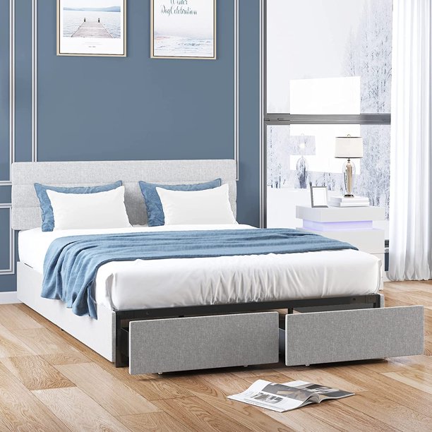 MUZZ Queen Size Platform Bed Frame with Two Large Storage Drawers, Bed