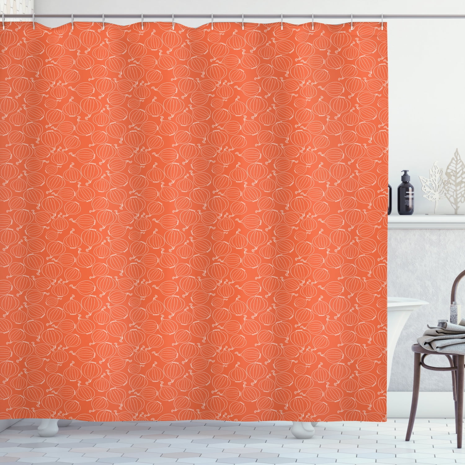 Burnt Orange Shower Curtain, Hand Drawn Onion Outline Style Vegetables