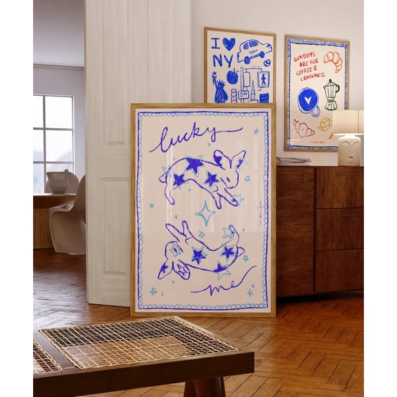Lucky Me Bunnies Art Print, Retro Rabbit Illustration, Mid Century Kitchen Wall Decor, Unframed Paper Print Size 8x12