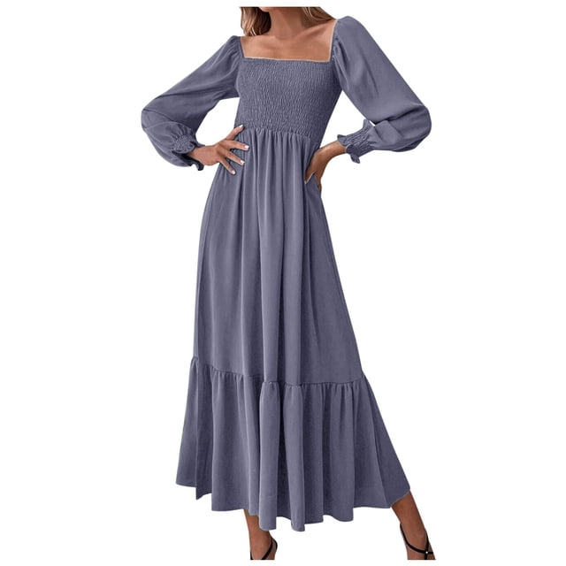 Robe Maxi à Manches Longues Automne 2024 pour Femmes - Encolure Carrée, Smockée à Volants - Robe Fluide en Polyester avec Poches Latérales - Taille Unique - S-TTG