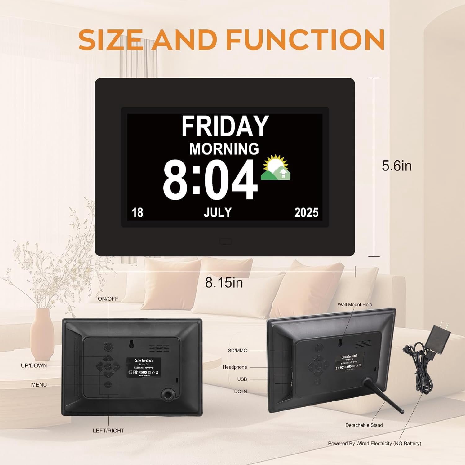 Digital Calendar Alarm Clock - Dementia Clocks for Seniors, Non-Abbreviated Memory Loss Clock with Date and Time for Elderly