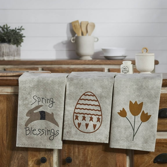 VHC Brands Cotton Kitchen Towel set of 3, Stenciled, Tea Towel, Dish Towels, Spring In Bloom Collection, Rectangle 28x19, Natural