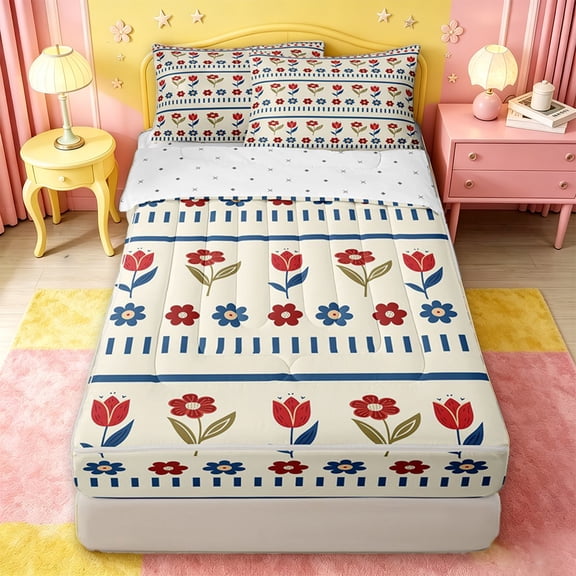 jejeloiu Folk Floral Zipper Twin Comforter Sets with Fitted Sheet and 2 Pillowcases For Girls,Simple Print Zipper Bedding Set,Red Blue Beige,Reversible,4-Piece
