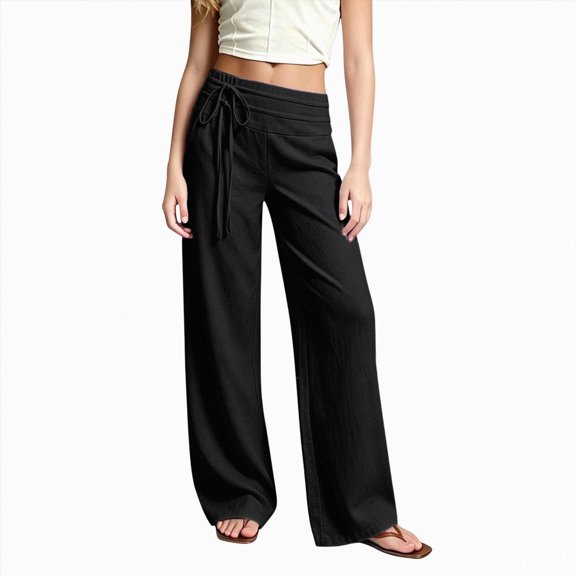 gibobby Girl's Cotton Linen Casual Palazzo Pants Drawstring Elastic Waist Flowy Wide Leg Long Lounge Trousers,Black