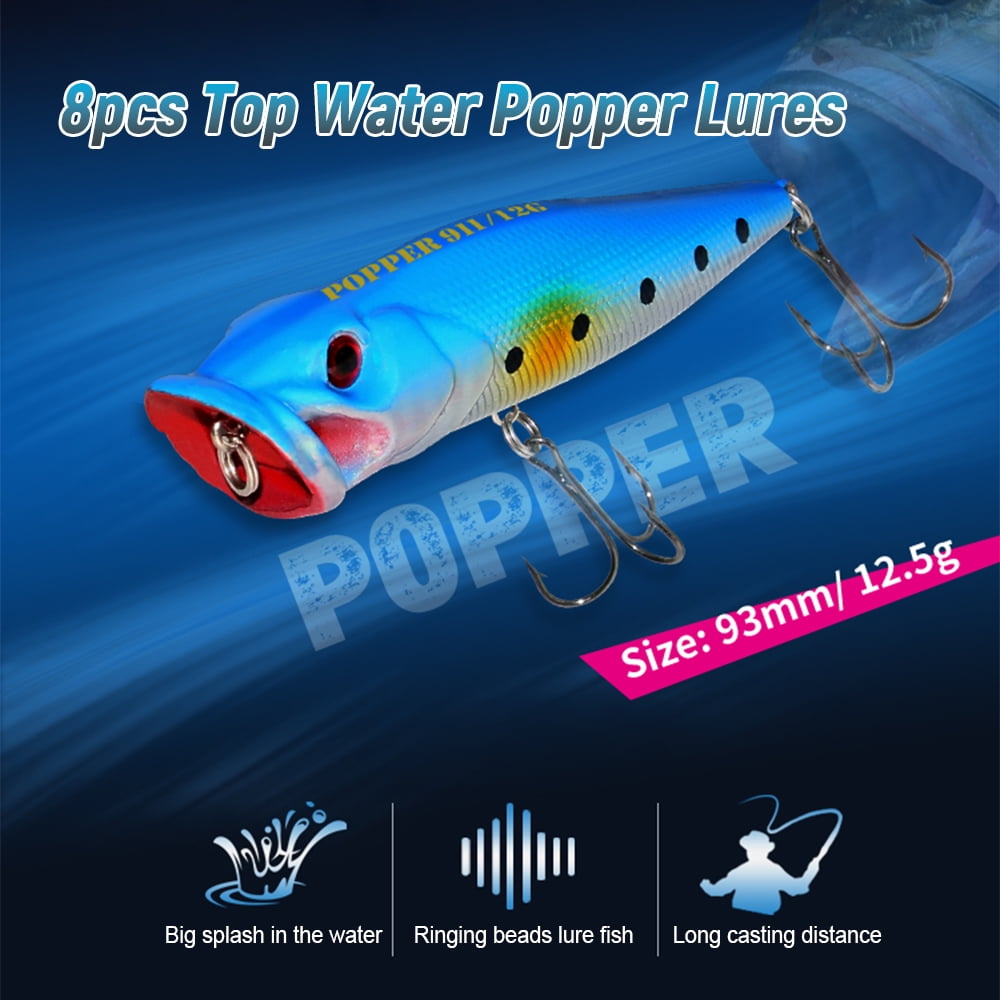 Elowen 3D Eyes Popper Lures Popper 8pcs Top Water Popper Lures 3D Eyes Artificial Fishing Lures with Hooks for Saltwater Freshwater Fishing