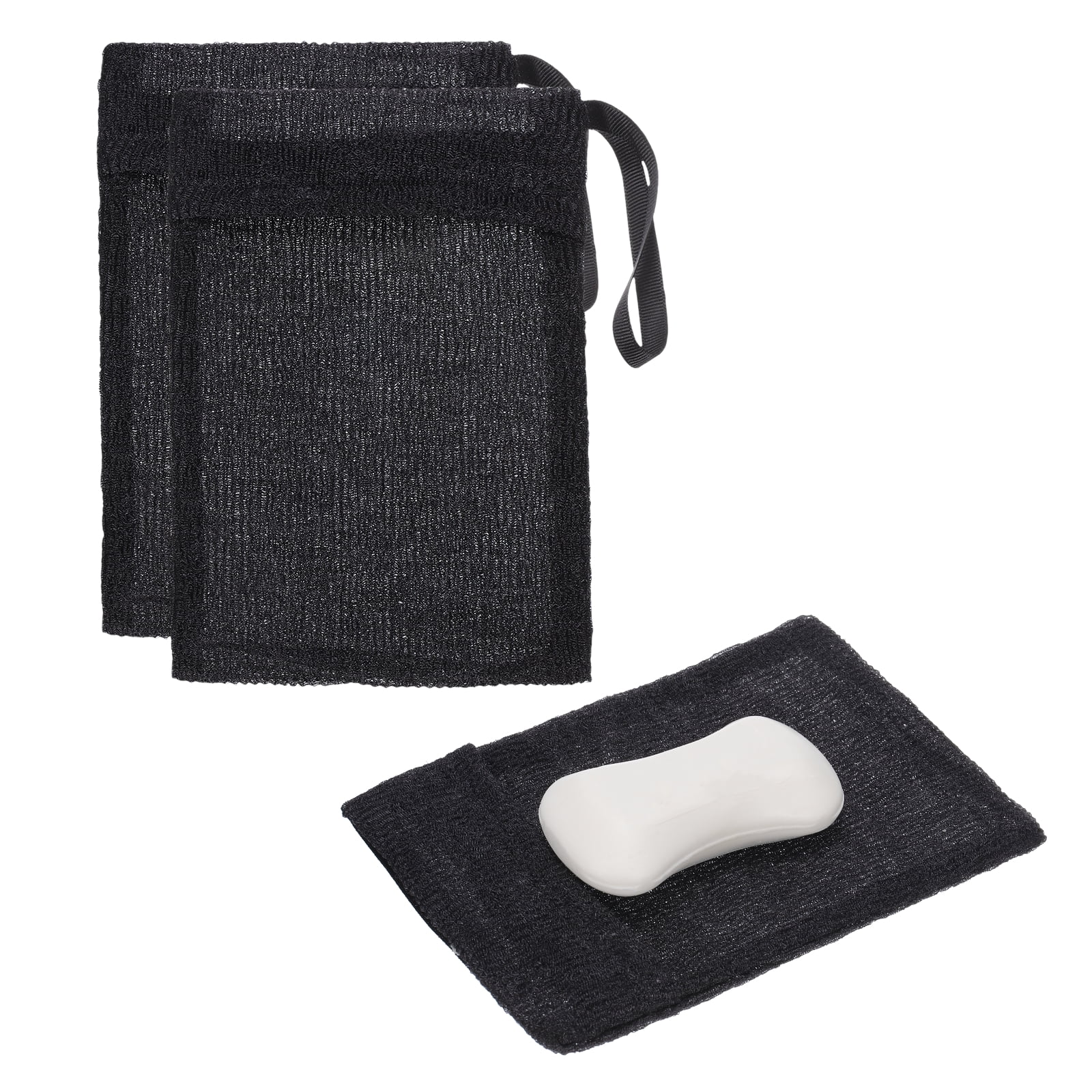 Uxcell Loofah Soap Pouch, 2 Pcs Bar Soap Saver Bag with Black Handle Nylon Body Scrubber Pouch Exfoliating Net for Body Shower Foaming Travel Camping, Black