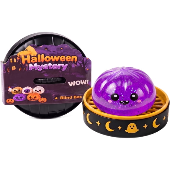 CQHVKQ 3.35" Giant Dumpling Squishy Mystery Box, Halloween Mystery Squishy Dumplings, Glitter Stress Relief Squeeze Balls with Steamer Box, Mystery Surprise Fidget Halloween Toys for Kids, Demon