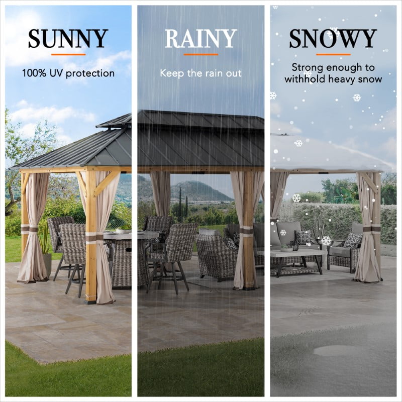 Sunjoy 12x20 Outdoor  Cedar Wood Gazebo with Galvanized Steel Roof and Curtains