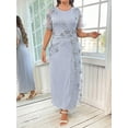 thumbnail image 3 of Light Grey Plus Size Womens Elegant Floral Embellished Twist Front Dress With Sheer Short Sleeves And Round Neck, 3 of 6