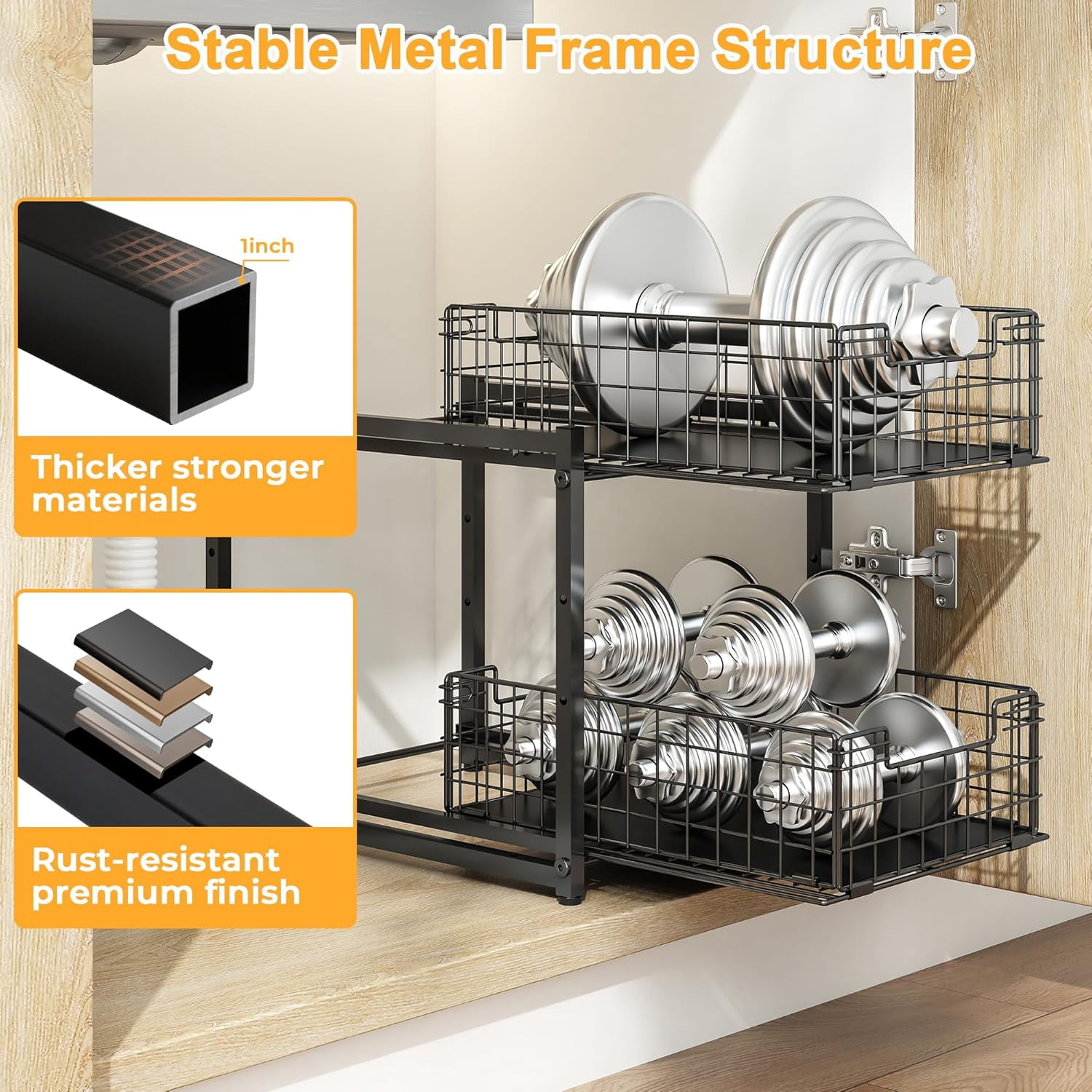 Under Sink Organizer 2-Tier Pull Out Cabinet Storage Rack for Kitchen Bathroom Spice Rack Sliding Drawers Shelves Pack of 2