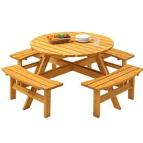 IVV 8 Person Wood Picnic Table, Outdoor Round Picnic Table with 4 Built-in Benches, Umbrella Hole, Outside Table and Bench Set for Patio, Backyard, 500lbs Capacity Per Bench, Natural