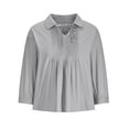 thumbnail image 4 of Jewelreauty Women Long Sleeve Pleated Shirts Lapel V Neck Drawstring Casual Tops Cotton Linen Loose Blouses (S, Gray), 4 of 6