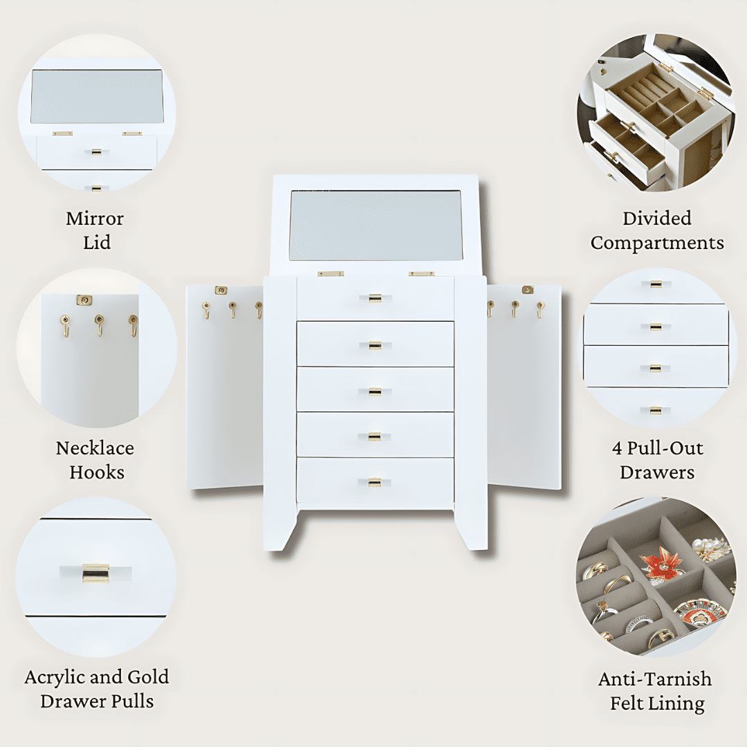 Hives and Honey Chelsea Jewelry Chest - Elegant White Modern Storage for Women, Tweens, and Teens