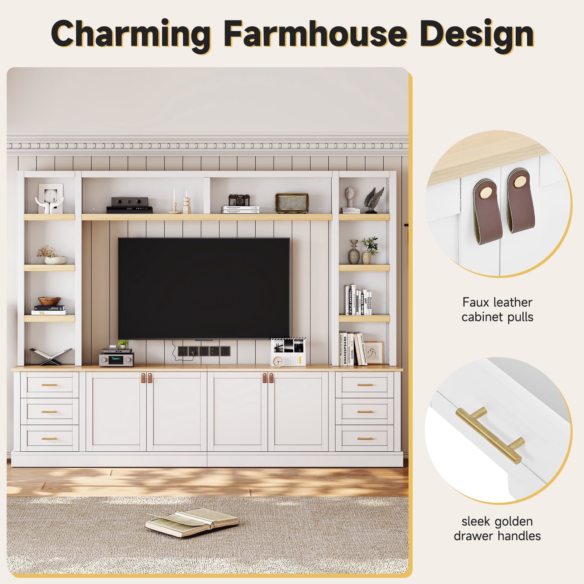 Harper & Bright Designs Farmhouse Wall Unit Entertainment Center 4-Piece with Bookshelves, Media Console with Adjustable Shelves, Large TV Stand with Storage for 75" TV, White