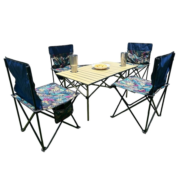 Conjunto de 4 Sillas Plegables CJR para Camping y Playa con Mesa Azul