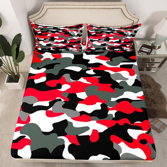 Erosebridal Black Red Camo Fitted Sheet Set Full, Retro Army Camouflage Fitted Sheet Full, Military Decor 3pcsNo Top Sheet