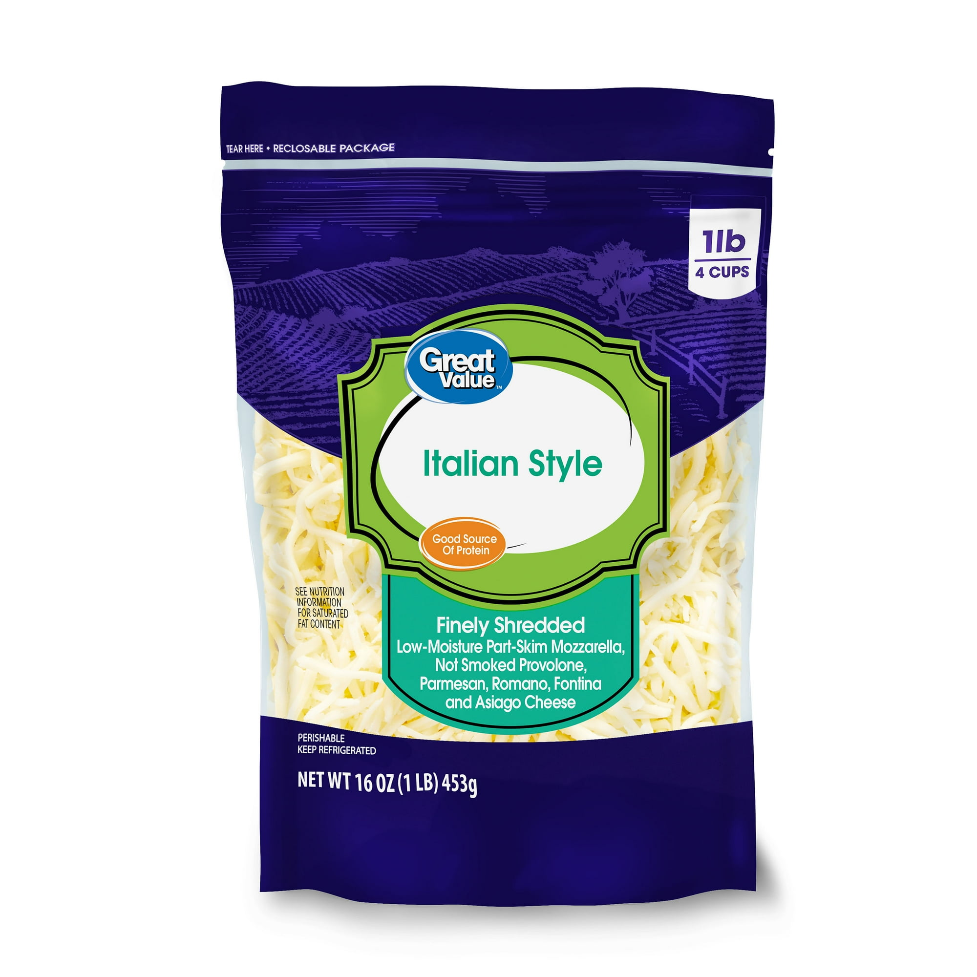 Great Value Italian Style Finely Shredded Cheese, 16 oz Bag