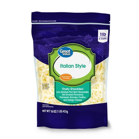 Great Value Italian Style Finely Shredded Cheese, 16 oz Bag