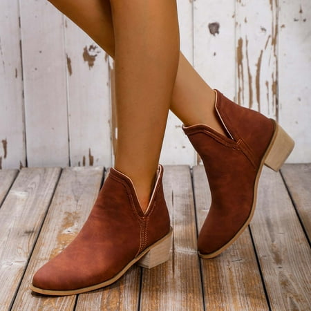 

TIANEK Retro Short Chunky Heel Middle Heel Pointed Toe Moccasins Women Boots Clearance