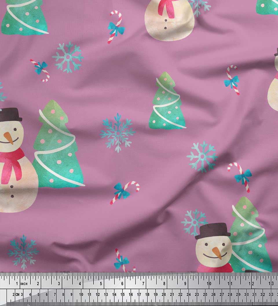 Soimoi Purple Cotton Voile Fabric Snowman & Tree Christmas Print Fabric by the Yard 42 Inch Wide