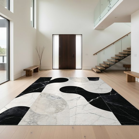 Design&I 8'x10' Washable Area Rug Floorcarpet Abstract Swirl Brushstroke Neutral Monochrome Accessories for King Size Bedroom, Under Bed, Sleek Flatweave Pet Friendly