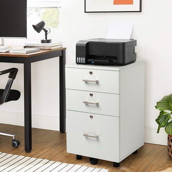 EasingRoom Wood Drawer Cabinet with Lockable Casters Office, Bathroom Kitchen Cabinet 3 Dawer Bedside Table, White
