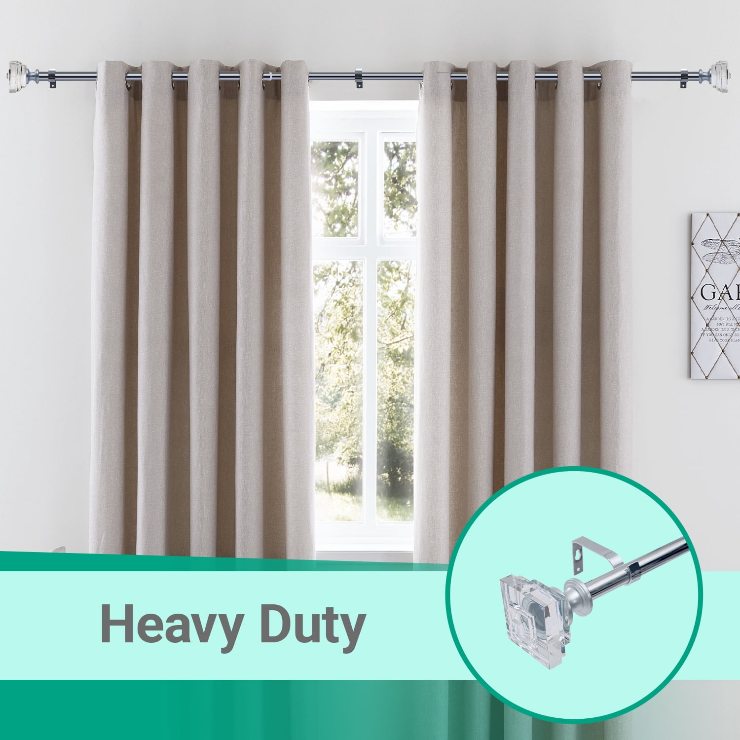 Curtain Rod Adjustable Window Drapery Rods with clear acrylic plexiglass square finials, 3piece brackets, hardware kits. Chrome 48-86 inches.
