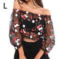 thumbnail image 1 of Blusa elástica con hombros descubiertos y estampado floral de malla con top corto bordado para mujer, L Eigraketly AP000886-03, 1 of 7