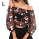 thumbnail image 1 of Blusa elástica con hombros descubiertos y estampado floral de malla con top corto bordado para mujer, L tholdsy AP000886-03, 1 of 7