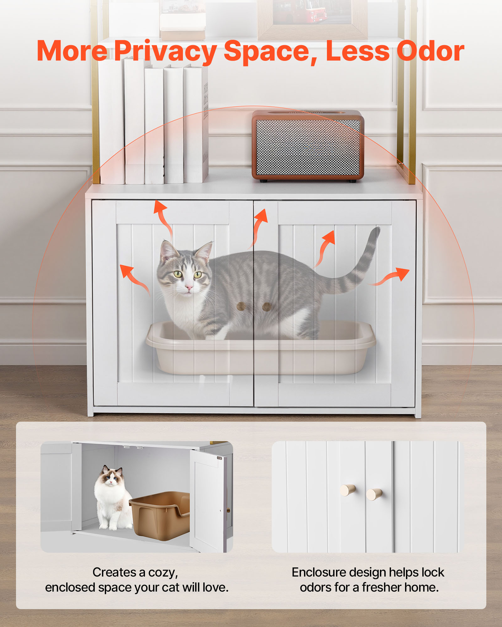 VEVOR Cat Litter Box Enclosure Furniture, 27.6 in Hidden Litter Box Cabinet with Metal Legs & 2-Tier Storage Shelves, Waterproof Cat Washroom Cat House, Fit Most of Litterbox, for Living Room