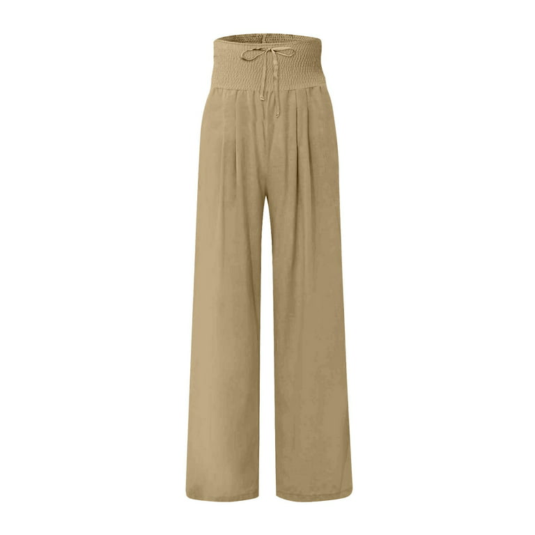 TQWQT Women Summer High Waisted Cotton Linen Palazzo Pants Wide Leg Long  Lounge Pant Trousers with Pocket,Khaki M 