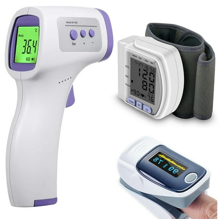Genkent Thermometer Oximeter Blood Pressure, Fingertip Pulse Oximeter + Touchless Digital Infrared Forehead Thermometer and + Arm Blood Pressure LCD Digital Display Monitor