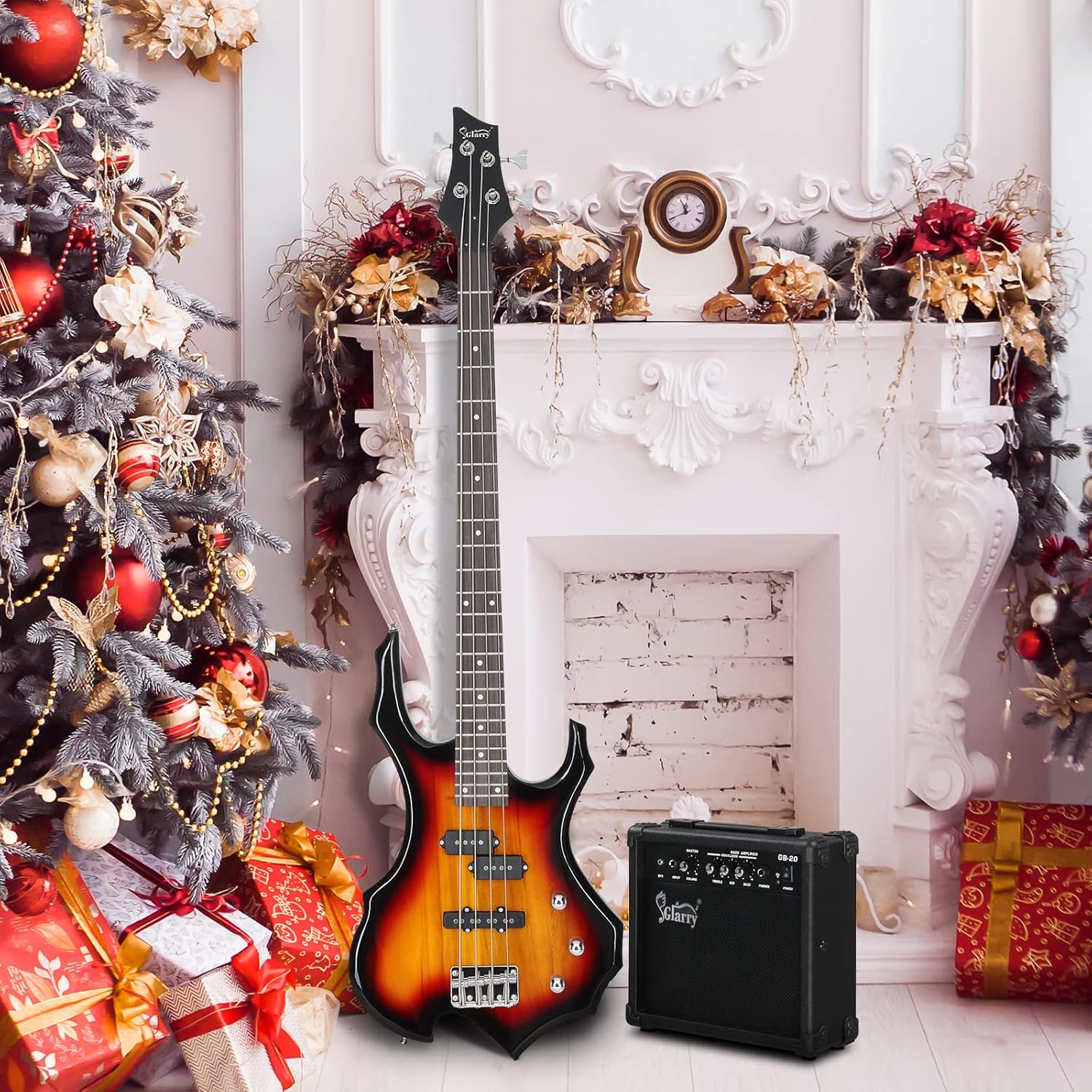 GLARRY Electric Bass Guitar 4 Strings Buring Fire Style Single Coil - Split Single Coil Pickups for Beginner Adults Right Hand w/ 20W Amp, Bag, Strap and Cord (Black)