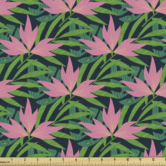 Vibrant Fabric by the Yard Upholstery, Continuous Tropical Monstera Leaves Flowers Pattern Hawaiian Themes, Decorative Fabric for DIY and Home Accents, 3 Yards, Fern Green and Pale Pink by Ambesonne