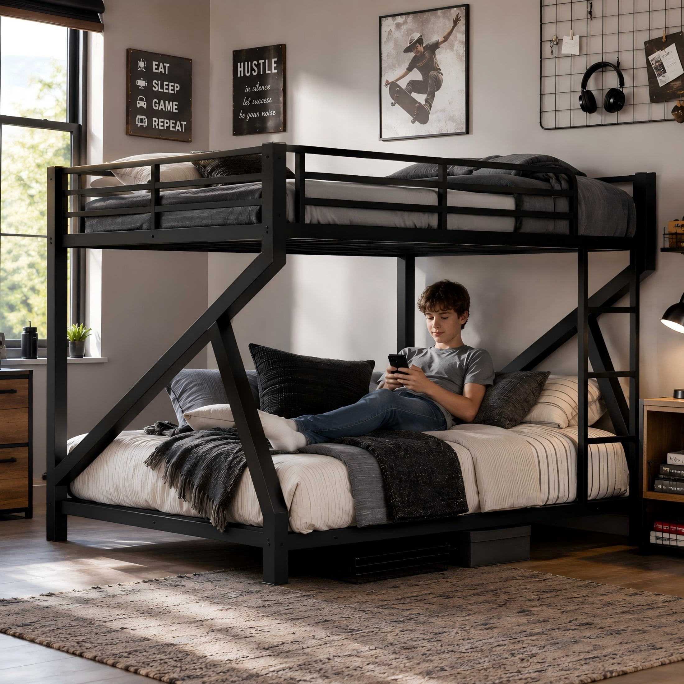 Aukfa Queen over Queen Metal Bunk Bed with Built-In Ladders, Low Profile Heavy Duty Bunk Bed with Reinforced Support Slats, No Box Spring Needed, Black