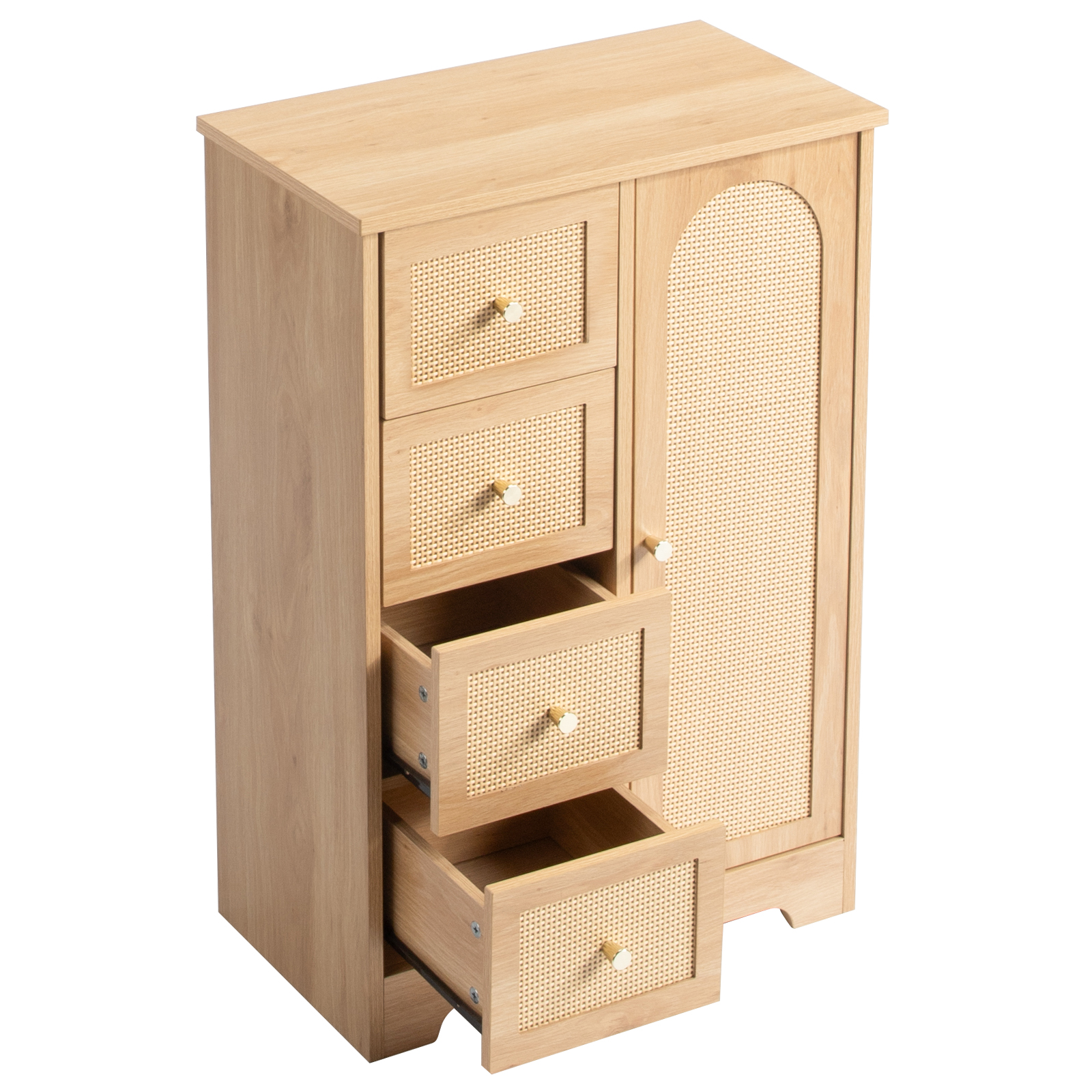 Ktaxon Wooden Bathroom Floor Cabinet, Side Storage Organizer with 4 Drawers, 1 Cupboard & 2-Shelves, Rattan