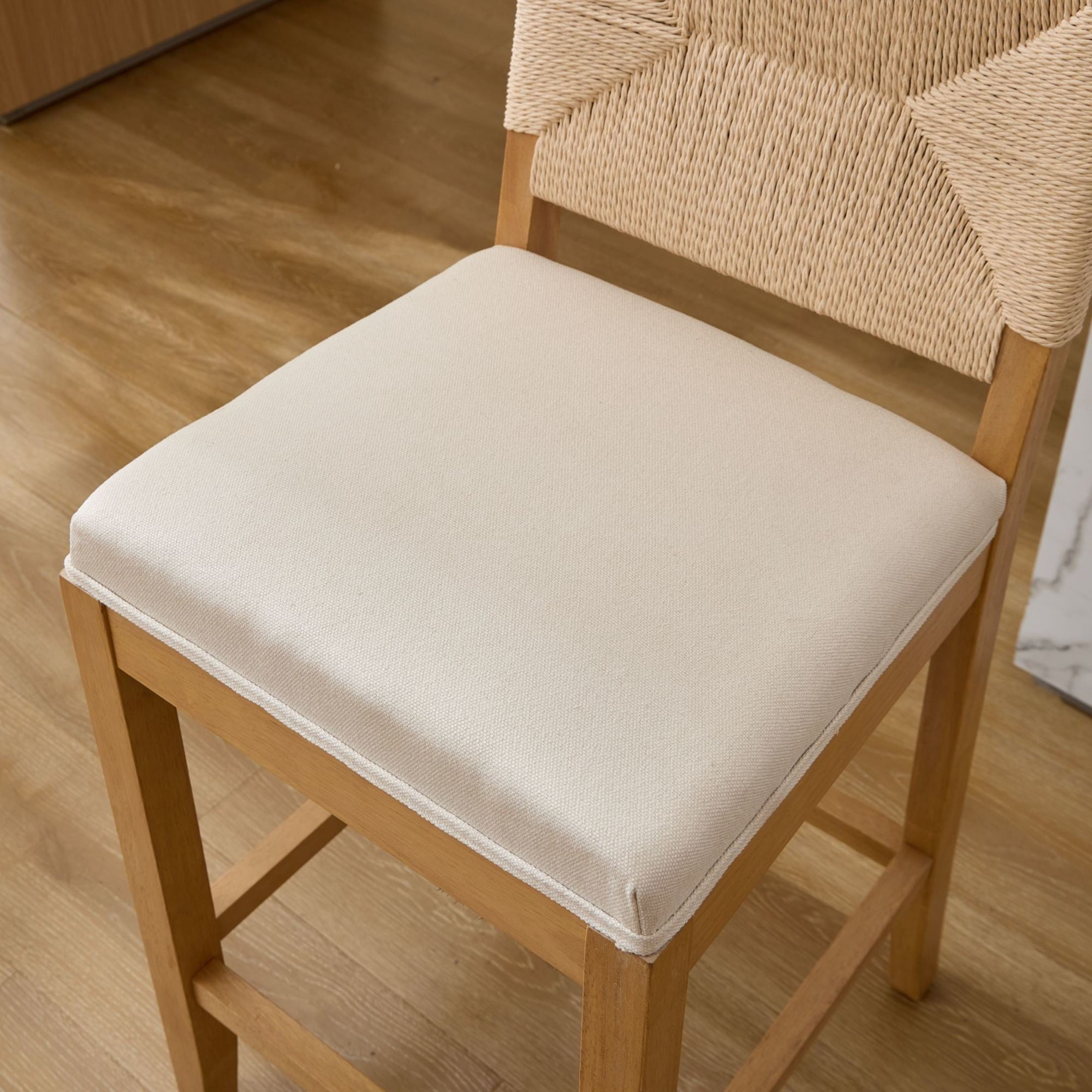 GDF Studio 38.6" Counter Height Bar Stools Set of 2 with Hand-Woven Rattan Back, Linen Upholstery, Beige