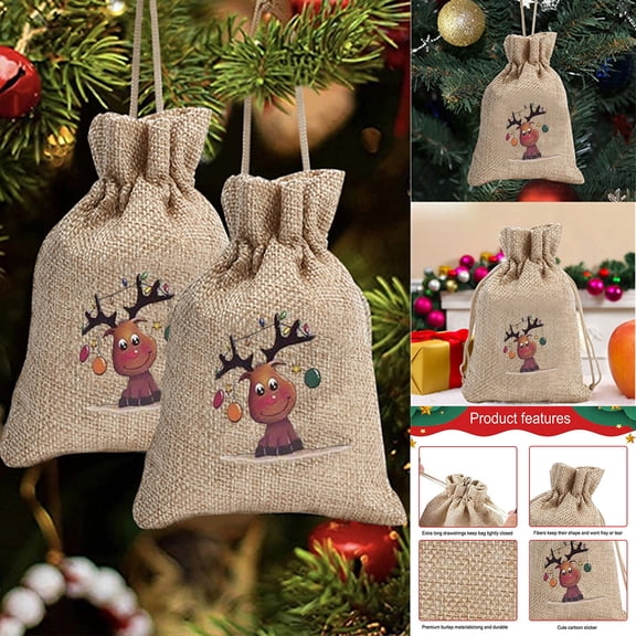 Vikakiooze 2022 Christmas Printed Linen Gift Bag Santa Backpack Candy Bag Apple Bag 1PC