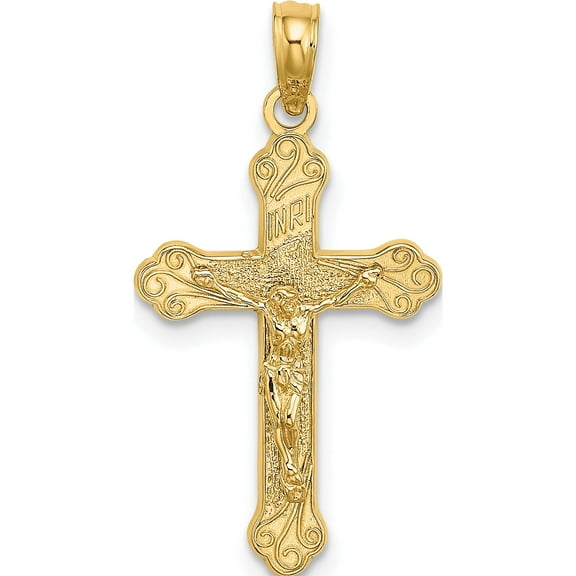14K Inri Crucifix W Scroll Tips Charm Yellow Gold Material Unique Brilliant Stunning Ideal for collectors and jewelry lovers