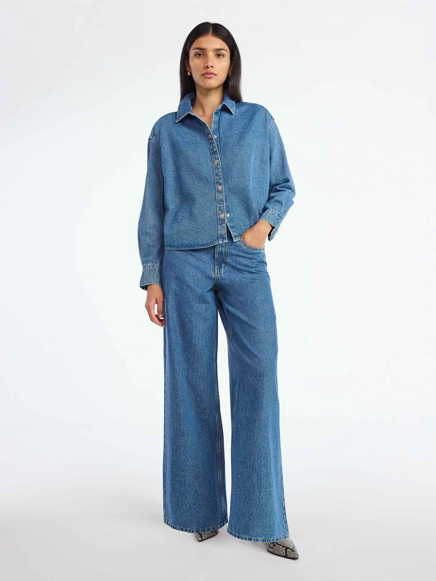 Scoop Women’s and Women’s Plus Rhinestone Embellished Wide Leg Jeans, Sizes 0-26W