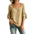thumbnail image 5 of Tops for Women 3/4 Sleeve Square Neck Solid Color Casual Cotton Linen with Petal Sleeves Top, 5 of 8