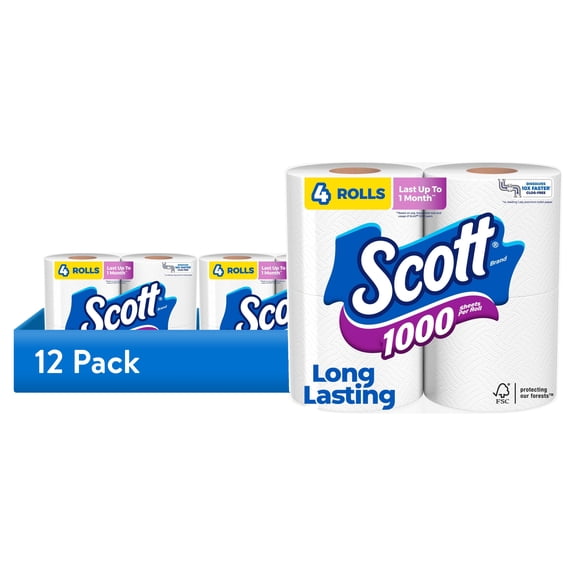 (12 pack) Scott 1000 Toilet Paper, 4 Rolls, 1,000 Sheets per Roll