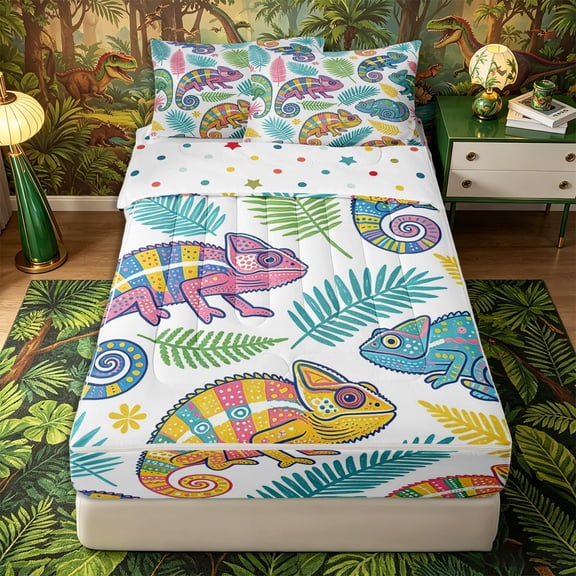 Metsweet Cartoon Animal Lizard Zipper Twin Comforter Sets with Fitted Sheet and 2 Pillowcases, Tropical Leaves Zipper Bedding Set, Pink Yellow Teal,4-Piece