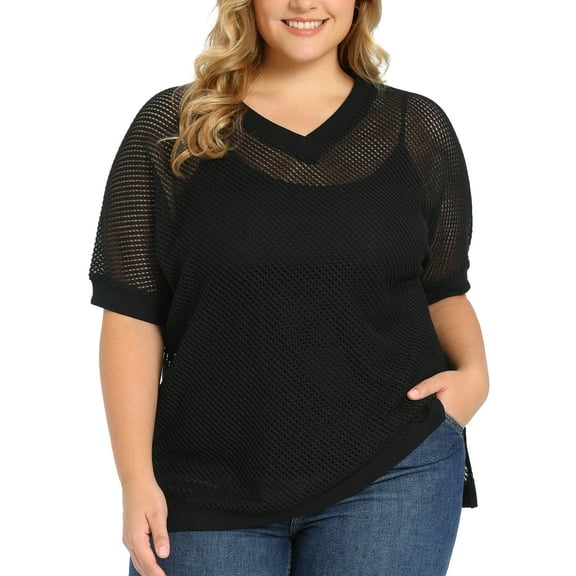 GRACE & GRANDEUR Women's Plus Size Summer Tops Crochet Side Slit Half Sleeve V Neck Loose Waffle Knit Casual Blouses 1X Black