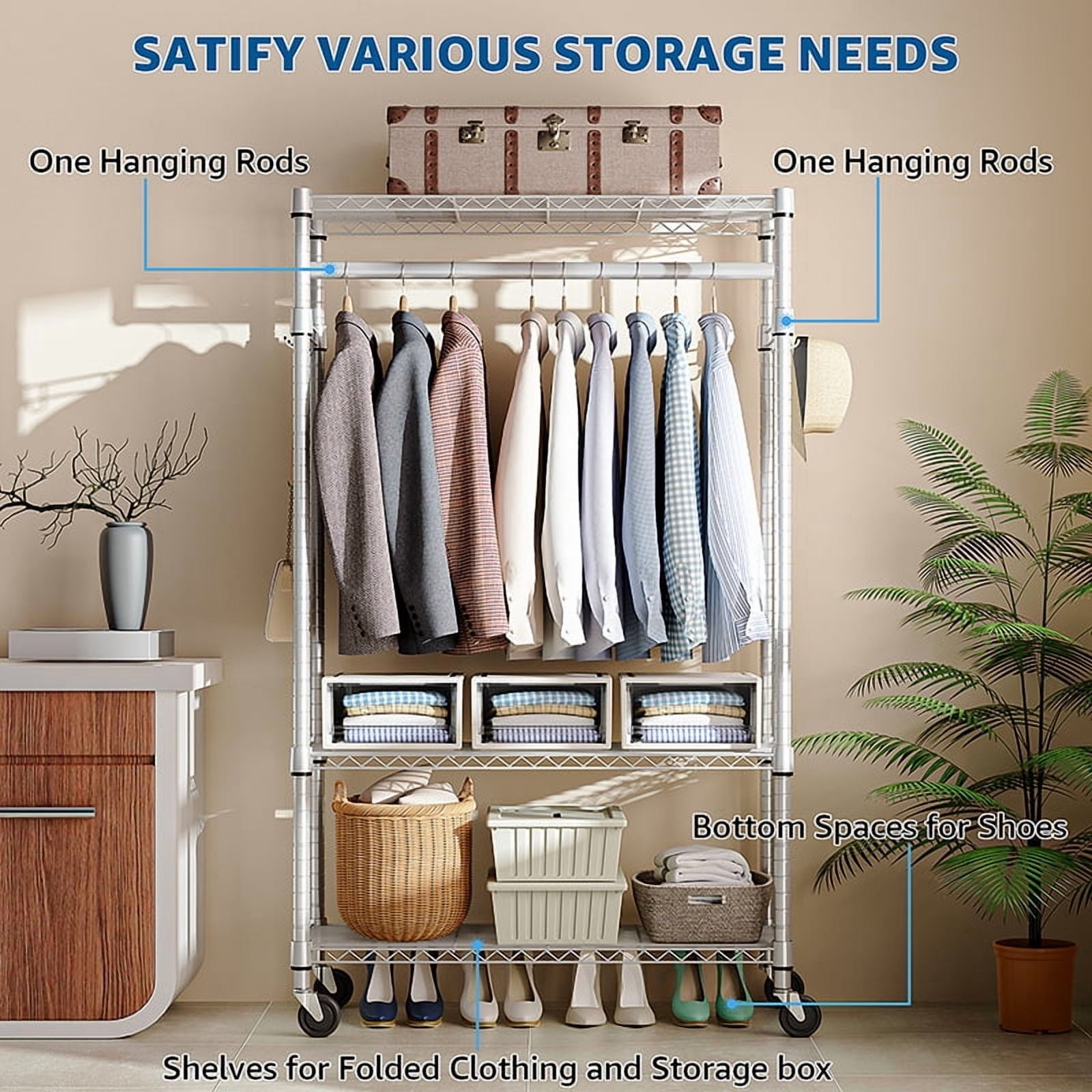 Heavy Duty Rolling Garment Rack, 3-Tier Adjustable Wire Shelf Clothing Organizer with Hanging Rod & Side Hooks, Lockable Casters 15.7"D×29.5"W×74.5"H