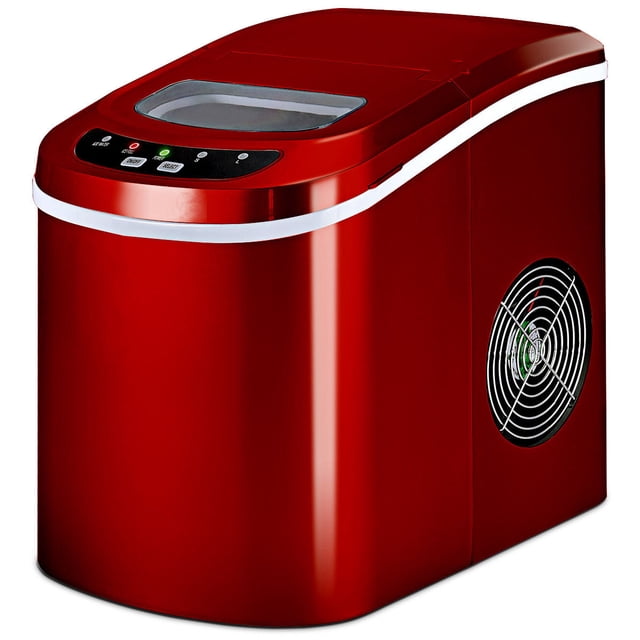 costway máquina de hacer hielo 12 kg / 24 h tanque del agua de 2,2 l con cuchara y cesta portátil para casa bar rojo 25 x 36 x 32,5 cm Vista 3/4 frontal de máquina de hielo roja con ventana superior transparente y panel de control con botones e indicadores; carcasa ABS con rejilla lateral de ventilación, cesta removible y cuchara incluidas, compacto y portátil; produce 9 cubitos en 6–13 min y hasta 12 kg/24 h, ideal para enfriar bebidas y preparar batidos en reuniones.