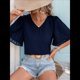 thumbnail image 4 of Blusas Elegantes de Verano para Mujer, con Cuello en V, Corta y Pétalos Abullonados, Informales, para Trabajo y Negocios Azul Marino L, 4 of 8