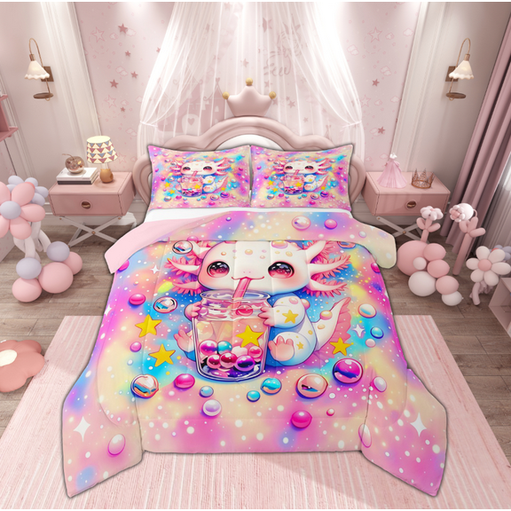 Manfei 3D Kawaii Axolotl Bedding Comforter Set for Teens, Boba Milk Tea Twin Comforter Sets, Mystic Stars Galaxy Reversible Bedding Set, Super Cozy Room Decor, 2-Piece